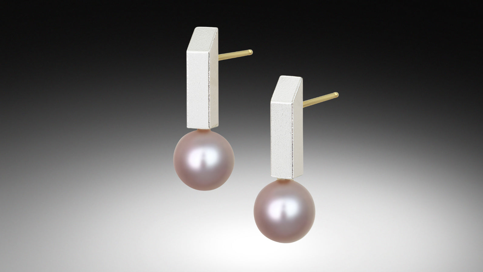 Modern pink pearl stud earrings with geometric silver design by Estelle Vernon Designs