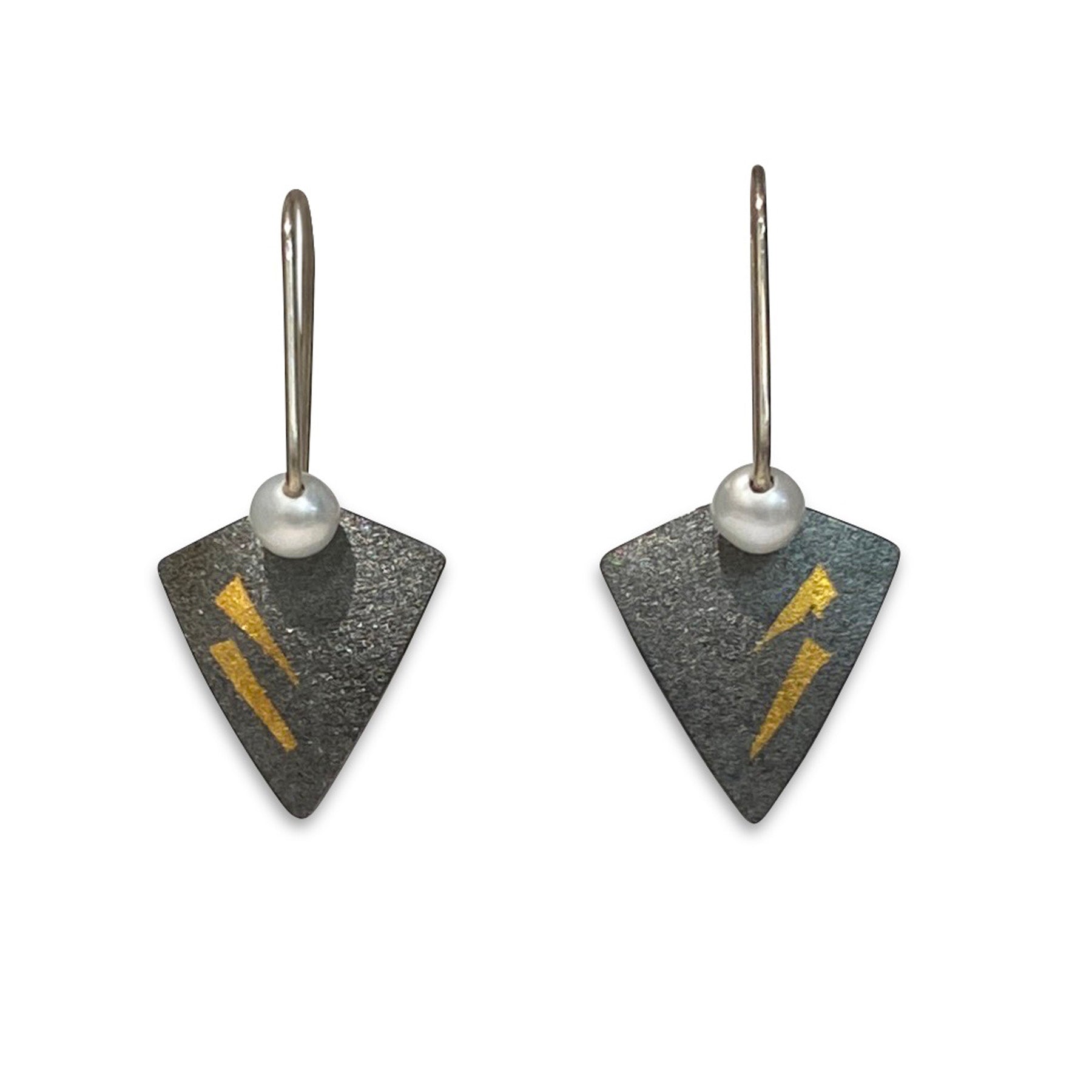 Triangular oxidized silver earrings with white pearls and 24k gold accents