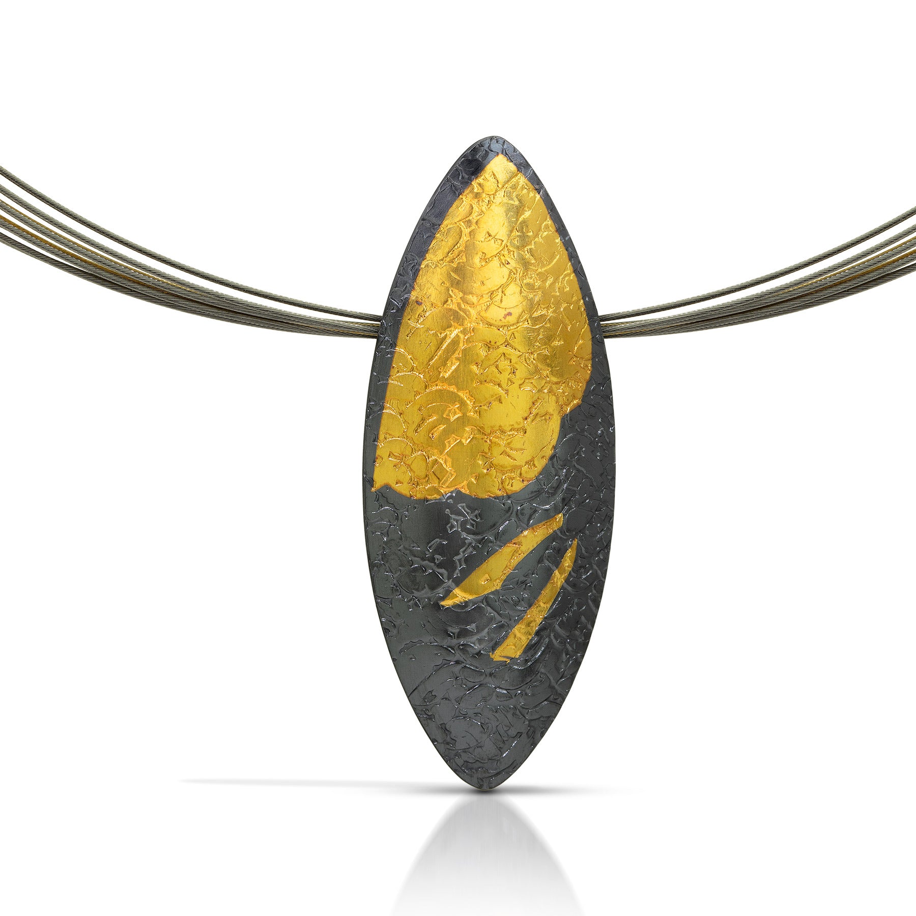 Oxidized Large Wave Leaf Pendant With Keum Boo